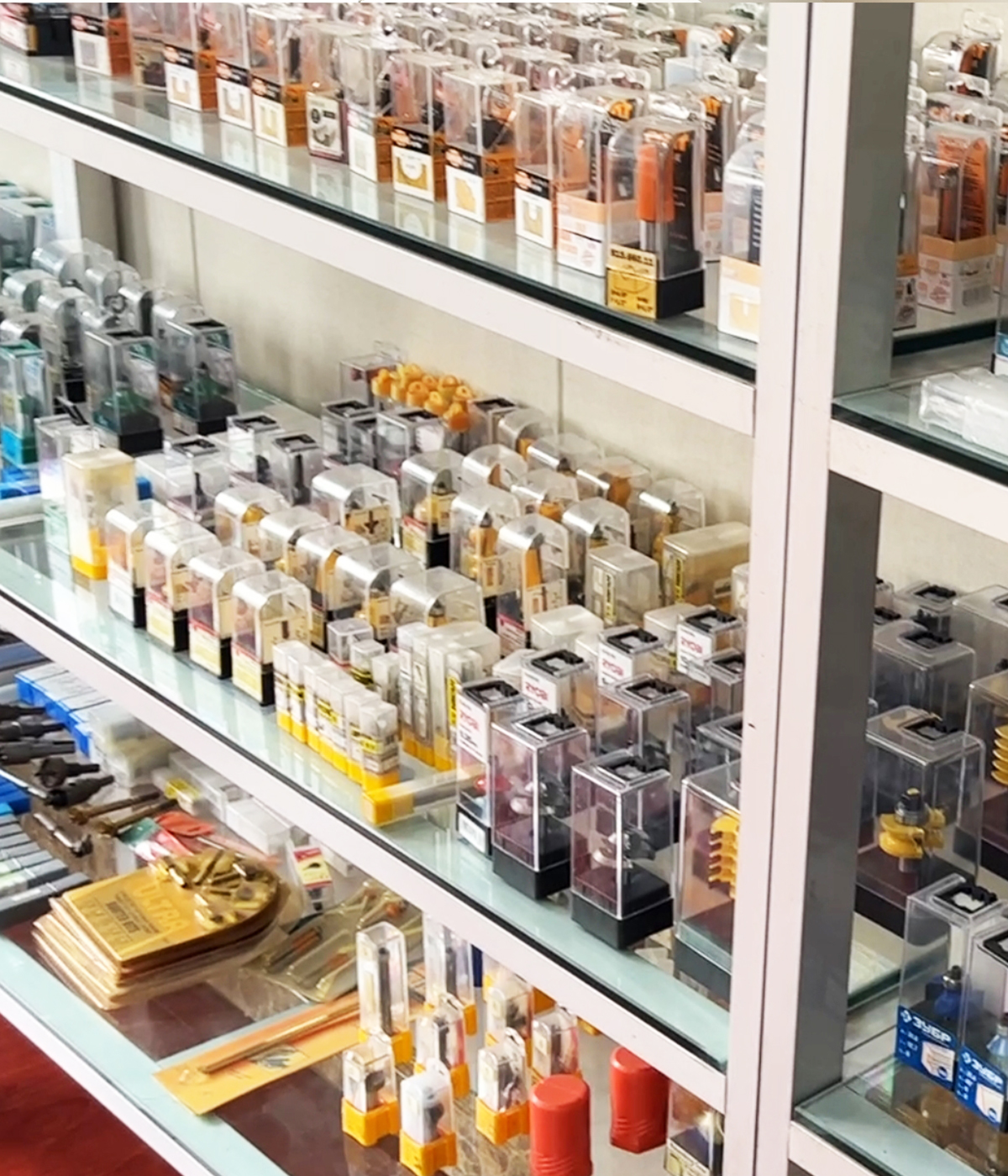 Extensive custom router bits and tools display collection