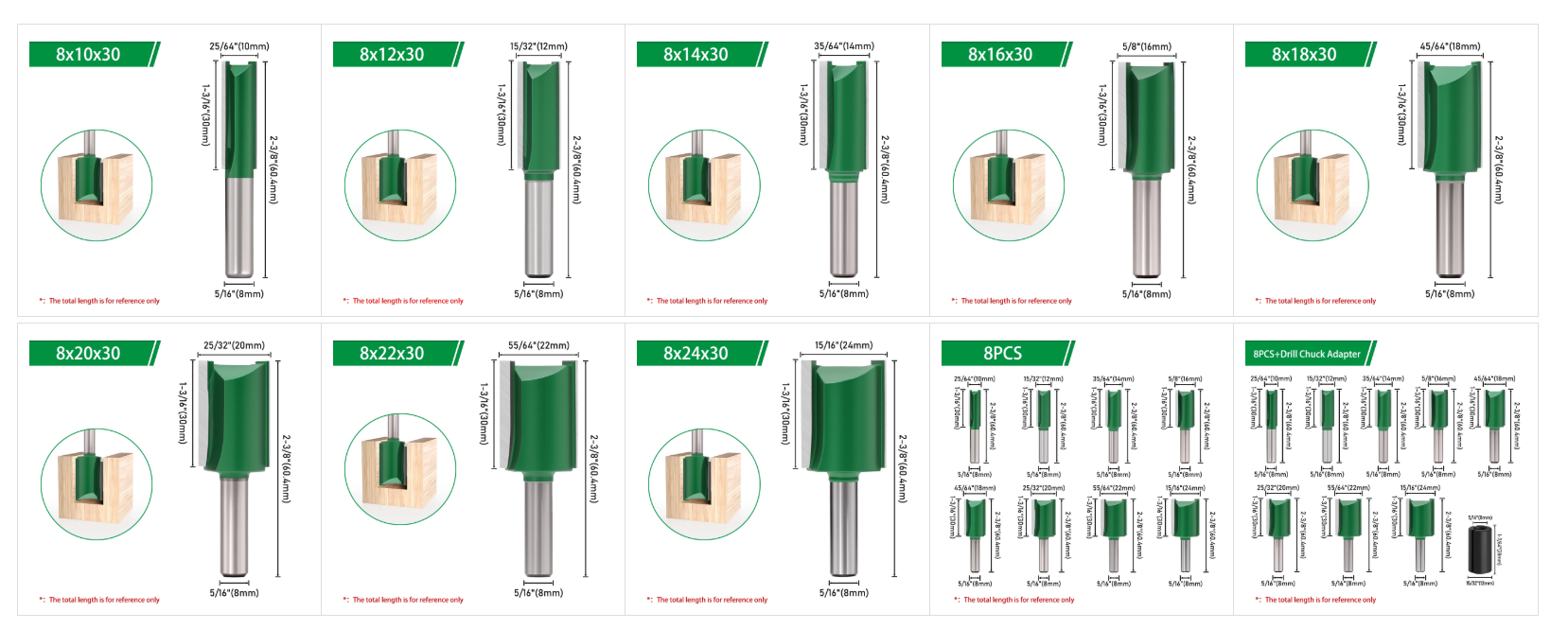 Straight Router Bits 8mm Shank Carbide Woodworking